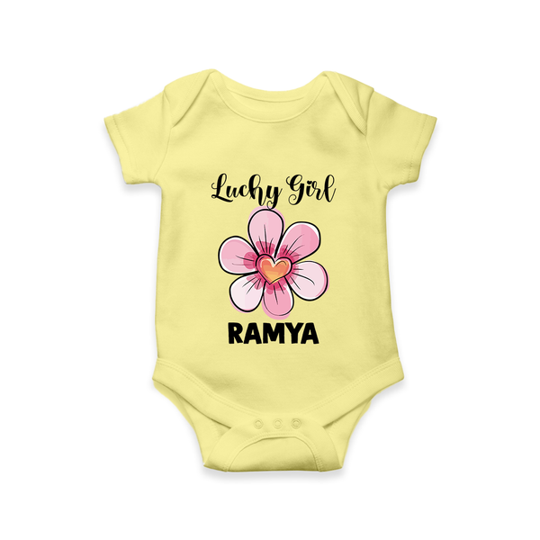 Lucky Girl Personalized Romper - PASTEL YELLOW - New Born (Chest 14")