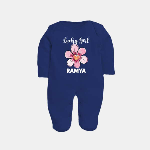 Lucky Girl Personalized Full Body Suit - NAVY BLUE - New Born (Chest 7.5")
