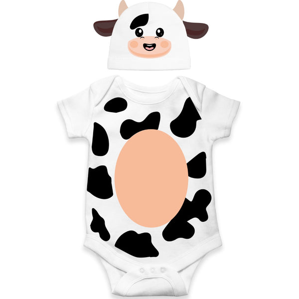 White Cow Print Baby Romper with Matching Hat | Cute Farm Animal Onesie for Infants