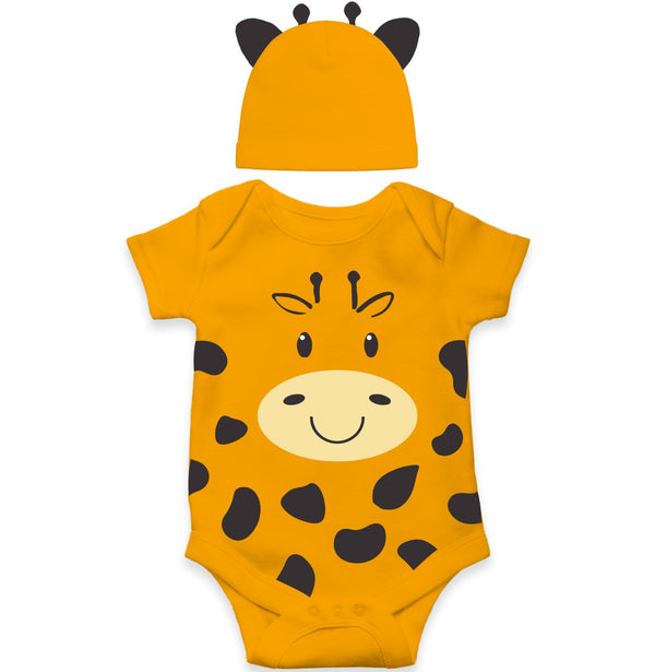 Yellow Giraffe Baby Romper with Matching Hat | Tall And Cute Safari Animal Onesie