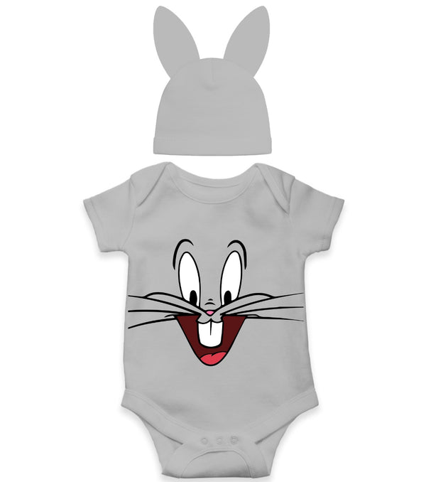 Grey Bunny Face Baby Romper with Ears Hat | Cute Rabbit Themed Onesie for Babies