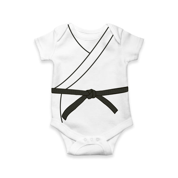 White Karate Uniform Baby Romper | Martial Arts Onesie with Black Belt Print