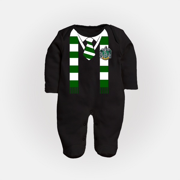Black Coilstone Baby Fullbody suit | Wizard School Themed fullbody suit with Green And Silver Scarf Print