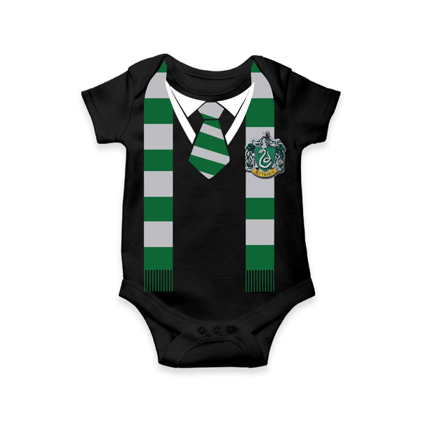 Black Coilstone Baby Romper | Wizard School Themed Onesie with Green And Silver Scarf Print