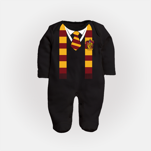 Black Bravemane Baby fullbody suit | Wizard School Themed fullbody suit with Red And Gold Scarf Print