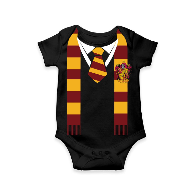 Black Bravemane Baby Romper | Wizard School Themed Onesie with Red And Gold Scarf Print