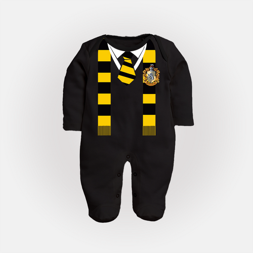 Black GoldenBurrow Baby Fullbody | Wizard School-Themed Fullbody Suit with Yellow And Black Scarf Print