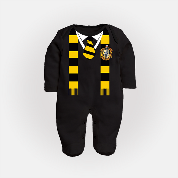 Black GoldenBurrow Baby Fullbody | Wizard School-Themed Fullbody Suit with Yellow And Black Scarf Print