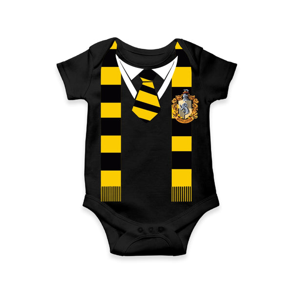 Black GoldenBurrow Baby Romper | Wizard School-Themed Onesie with Yellow And Black Scarf Print