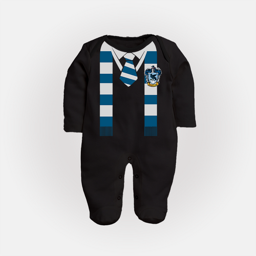 Black SilverBeak Baby Fullbody Suit |  Wizard School Themed fullbody suit with Blue And Silver Scarf Print