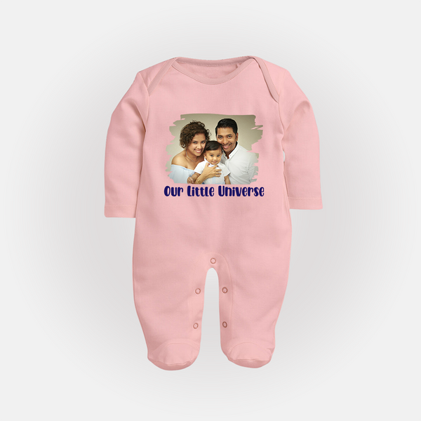Our Little Universe Sleep suit/full sleeve body suit | Custom Family Sleep suit/full sleeve body suit Celebrating Your Little World - BABY PINK - New Born (Chest 7.5")