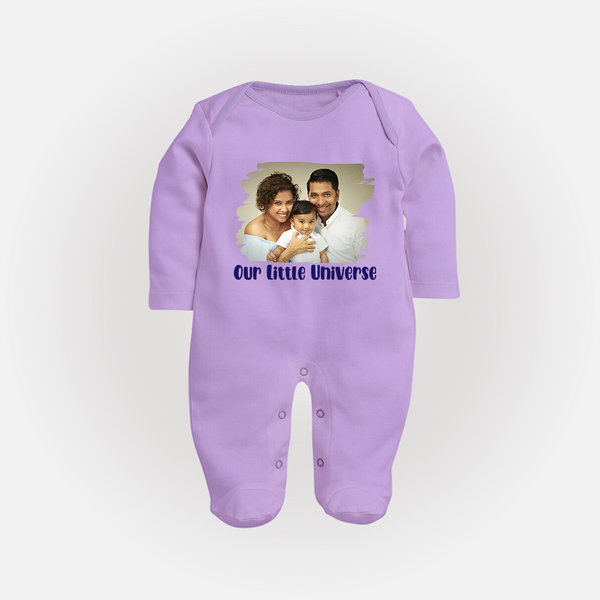 Our Little Universe Sleep suit/full sleeve body suit | Custom Family Sleep suit/full sleeve body suit Celebrating Your Little World - LILAC - New Born (Chest 7.5")