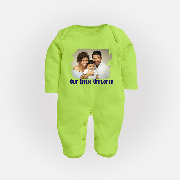 Our Little Universe Sleep suit/full sleeve body suit | Custom Family Sleep suit/full sleeve body suit Celebrating Your Little World - LIME GREEN - New Born (Chest 7.5")