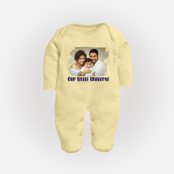 Our Little Universe Sleep suit/full sleeve body suit | Custom Family Sleep suit/full sleeve body suit Celebrating Your Little World - PASTEL YELLOW - New Born (Chest 7.5")