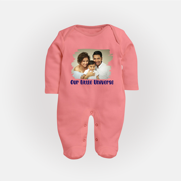 Our Little Universe Sleep suit/full sleeve body suit | Custom Family Sleep suit/full sleeve body suit Celebrating Your Little World - PEACH - New Born (Chest 7.5")