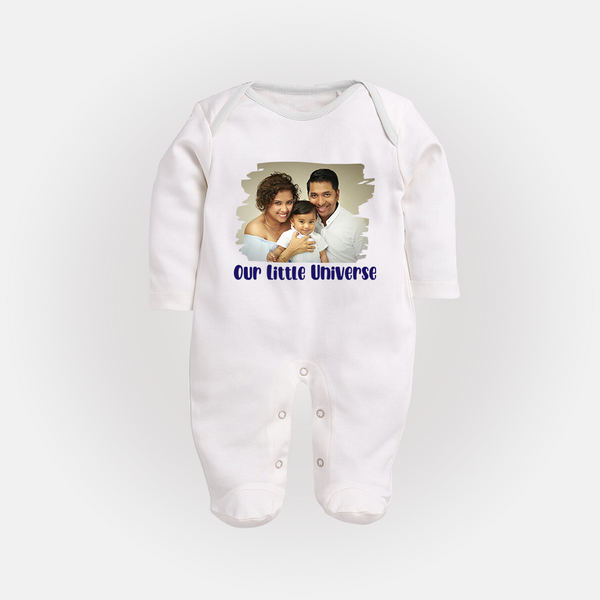 Our Little Universe Sleep suit/full sleeve body suit | Custom Family Sleep suit/full sleeve body suit Celebrating Your Little World - WHITE - New Born (Chest 7.5")