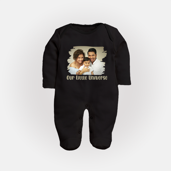 Our Little Universe Sleep suit/full sleeve body suit | Custom Family Sleep suit/full sleeve body suit Celebrating Your Little World - BLACK - New Born (Chest 7.5")