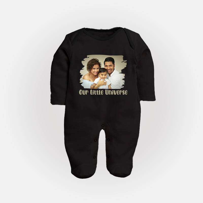 Our Little Universe Sleep suit/full sleeve body suit | Custom Family Sleep suit/full sleeve body suit Celebrating Your Little World - BLACK - New Born (Chest 7.5")