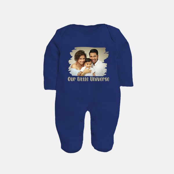 Our Little Universe Sleep suit/full sleeve body suit | Custom Family Sleep suit/full sleeve body suit Celebrating Your Little World - NAVY BLUE - New Born (Chest 7.5")