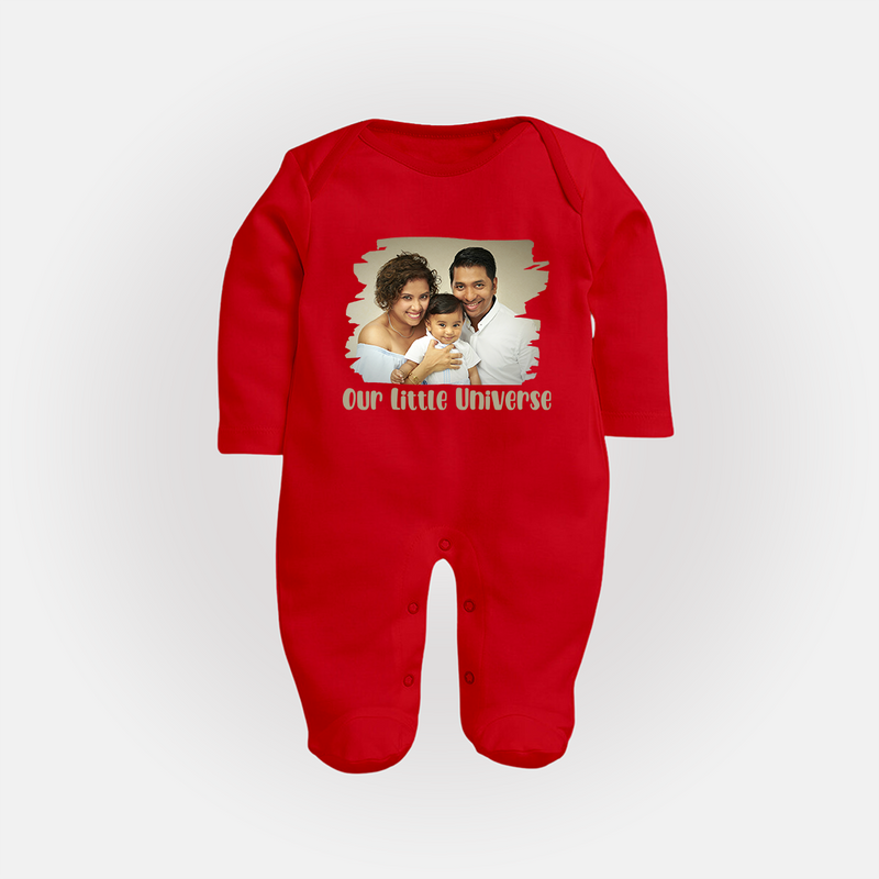 Our Little Universe Sleep suit/full sleeve body suit | Custom Family Sleep suit/full sleeve body suit Celebrating Your Little World - RED - New Born (Chest 7.5")