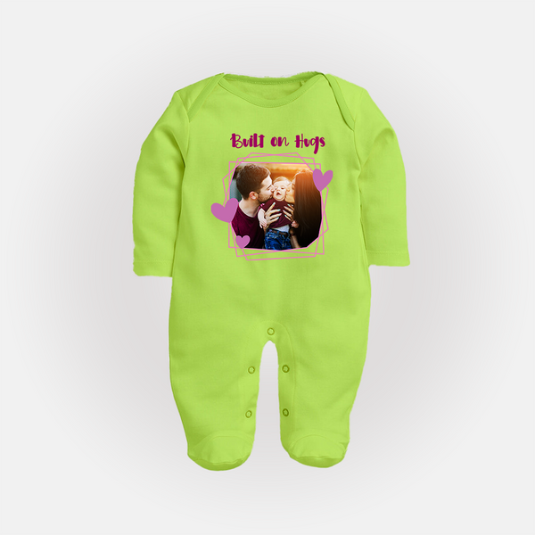 Built on Hugs Sleep suit/full sleeve body suit | Custom Family Sleep suit/full sleeve body suit for Love and Warmth - LIME GREEN - New Born (Chest 7.5")