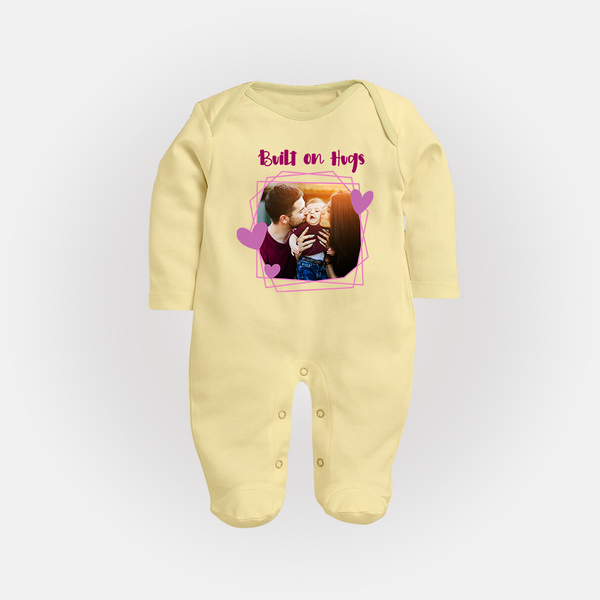 Built on Hugs Sleep suit/full sleeve body suit | Custom Family Sleep suit/full sleeve body suit for Love and Warmth - PASTEL YELLOW - New Born (Chest 7.5")