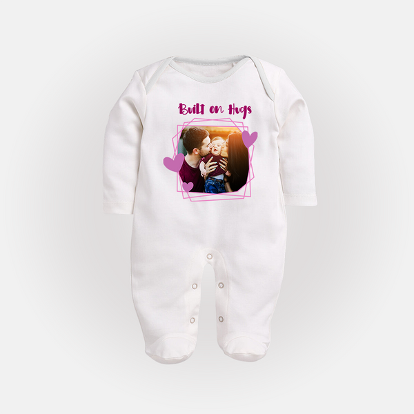 Built on Hugs Sleep suit/full sleeve body suit | Custom Family Sleep suit/full sleeve body suit for Love and Warmth - WHITE - New Born (Chest 7.5")