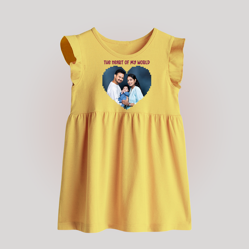 The Heart of My World Baby Frock | Custom Family Baby Frock for Loved Ones - PASTEL YELLOW - 0 - 3 Months Old (Chest 17")