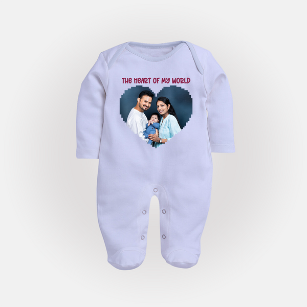 The Heart of My World Sleep suit/full sleeve body suit | Custom Family Sleep suit/full sleeve body suit for Loved Ones - BABY BLUE - New Born (Chest 7.5")