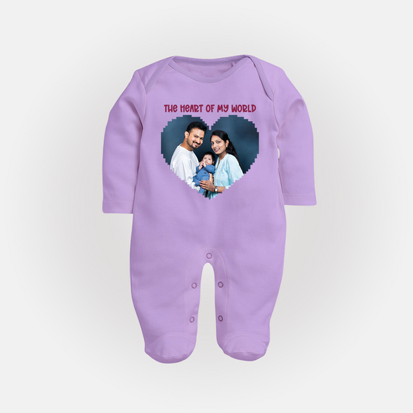 The Heart of My World Sleep suit/full sleeve body suit | Custom Family Sleep suit/full sleeve body suit for Loved Ones - LILAC - New Born (Chest 7.5")