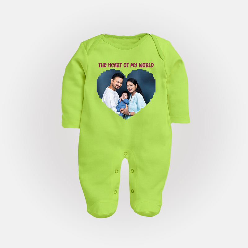 The Heart of My World Sleep suit/full sleeve body suit | Custom Family Sleep suit/full sleeve body suit for Loved Ones - LIME GREEN - New Born (Chest 7.5")