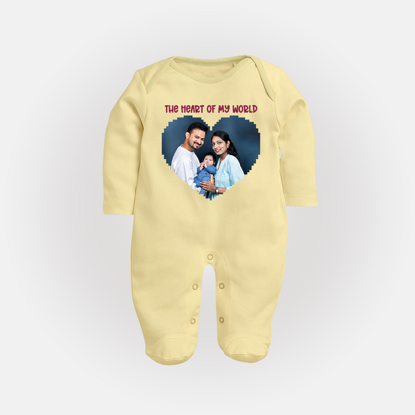 The Heart of My World Sleep suit/full sleeve body suit | Custom Family Sleep suit/full sleeve body suit for Loved Ones - PASTEL YELLOW - New Born (Chest 7.5")