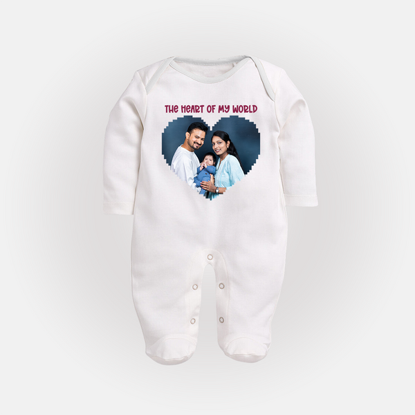 The Heart of My World Sleep suit/full sleeve body suit | Custom Family Sleep suit/full sleeve body suit for Loved Ones - WHITE - New Born (Chest 7.5")