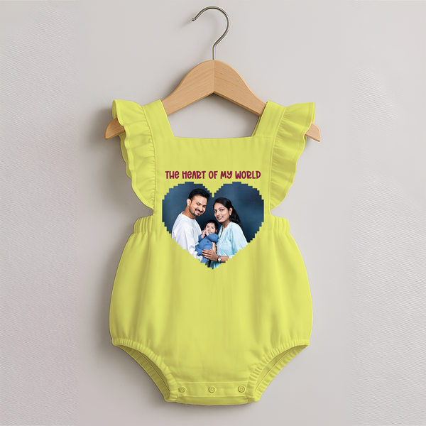 The Heart of My World Romper Frock | Custom Family Romper Frock for Loved Ones - PASTEL YELLOW - 0 - 3 Months Old (Chest 19")