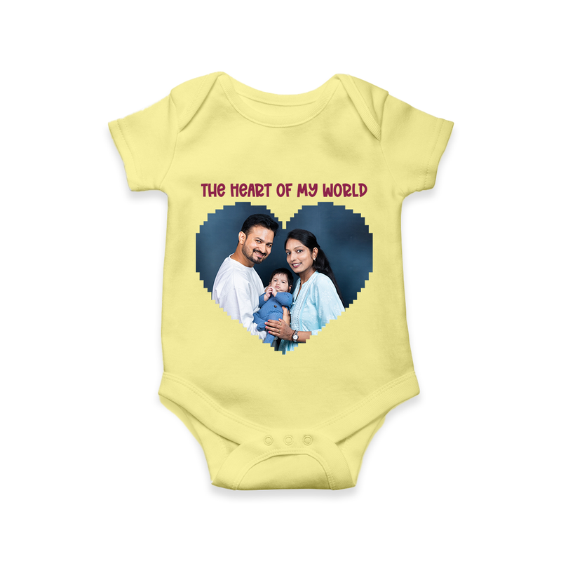 The Heart of My World Romper/Onesie | Custom Family Romper/Onesie for Loved Ones - PASTEL YELLOW - New Born (Chest 14")