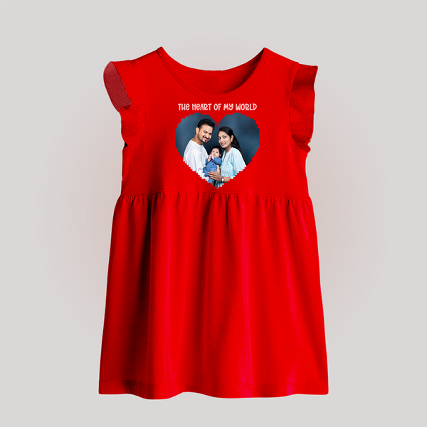 The Heart of My World Baby Frock | Custom Family Baby Frock for Loved Ones - RED - 0 - 3 Months Old (Chest 17")