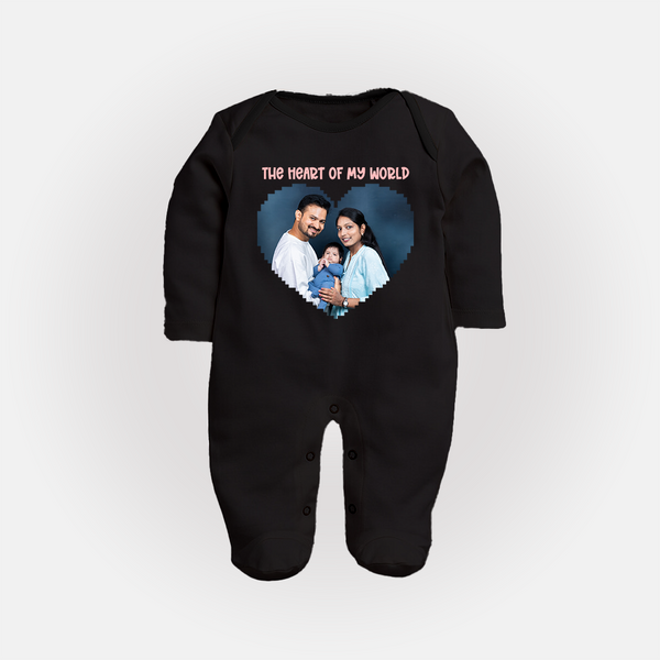 The Heart of My World Sleep suit/full sleeve body suit | Custom Family Sleep suit/full sleeve body suit for Loved Ones - BLACK - New Born (Chest 7.5")
