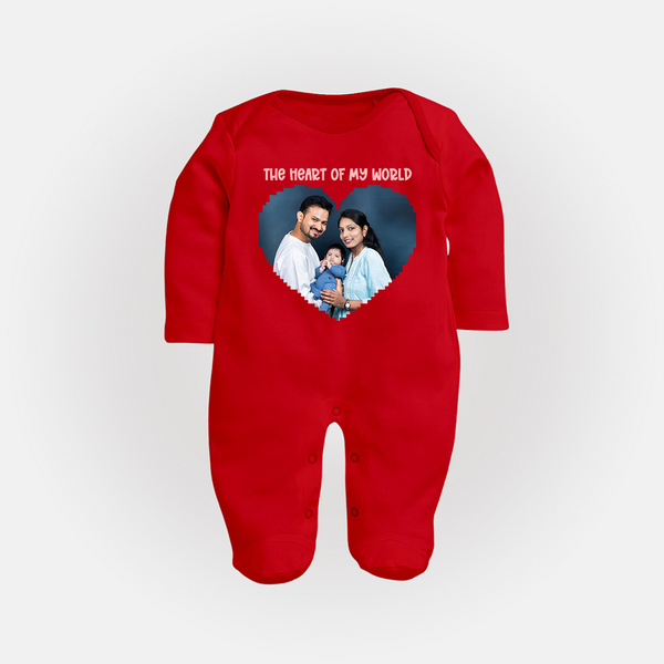 The Heart of My World Sleep suit/full sleeve body suit | Custom Family Sleep suit/full sleeve body suit for Loved Ones - RED - New Born (Chest 7.5")