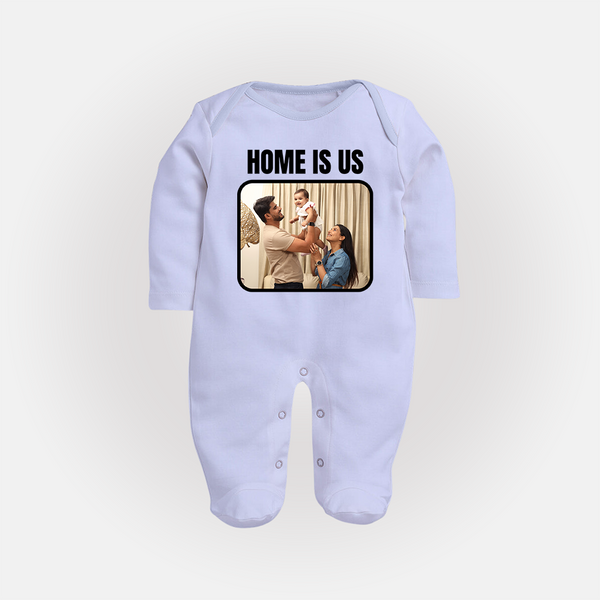 Home is Us Sleep suit/full sleeve body suit | Custom Family Sleep suit/full sleeve body suit for Family Pride - BABY BLUE - New Born (Chest 7.5")