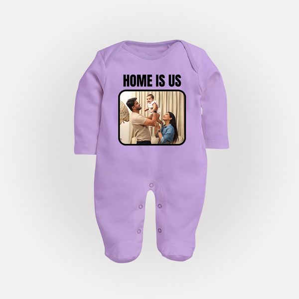 Home is Us Sleep suit/full sleeve body suit | Custom Family Sleep suit/full sleeve body suit for Family Pride - LILAC - New Born (Chest 7.5")