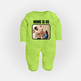 Home is Us Sleep suit/full sleeve body suit | Custom Family Sleep suit/full sleeve body suit for Family Pride - LIME GREEN - New Born (Chest 7.5")