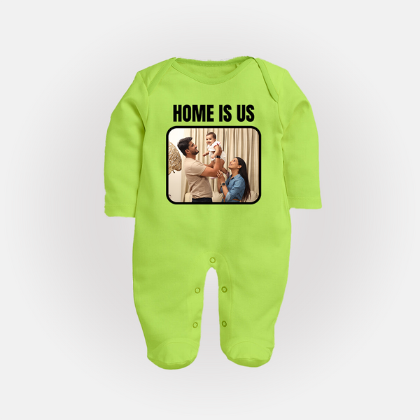 Home is Us Sleep suit/full sleeve body suit | Custom Family Sleep suit/full sleeve body suit for Family Pride - LIME GREEN - New Born (Chest 7.5")