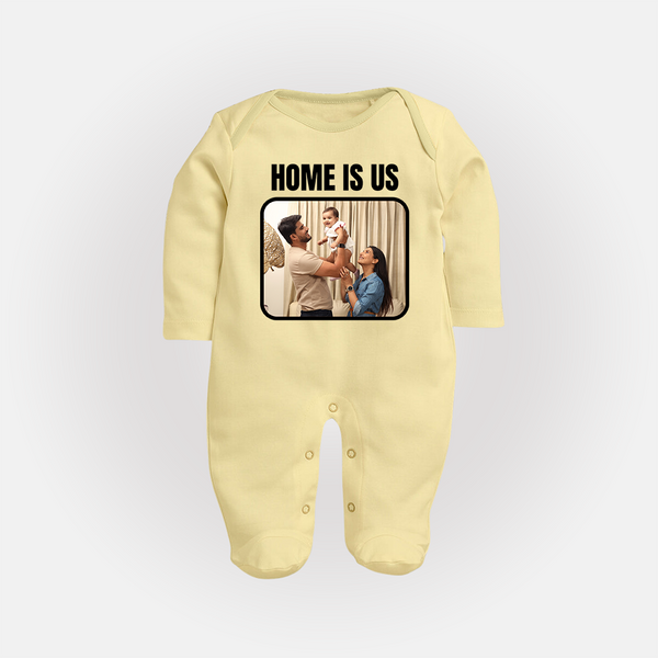 Home is Us Sleep suit/full sleeve body suit | Custom Family Sleep suit/full sleeve body suit for Family Pride - PASTEL YELLOW - New Born (Chest 7.5")