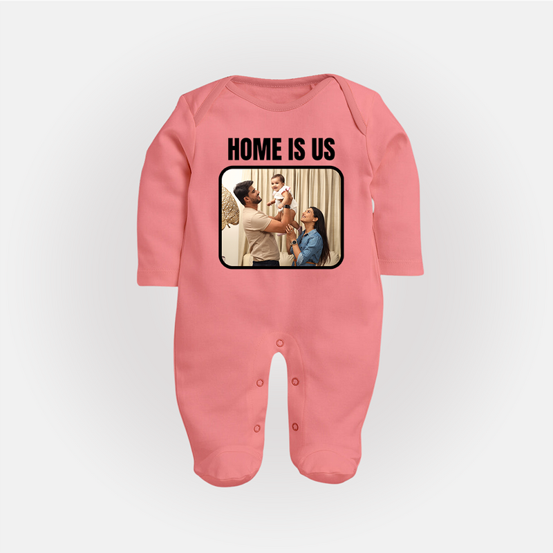 Home is Us Sleep suit/full sleeve body suit | Custom Family Sleep suit/full sleeve body suit for Family Pride - PEACH - New Born (Chest 7.5")