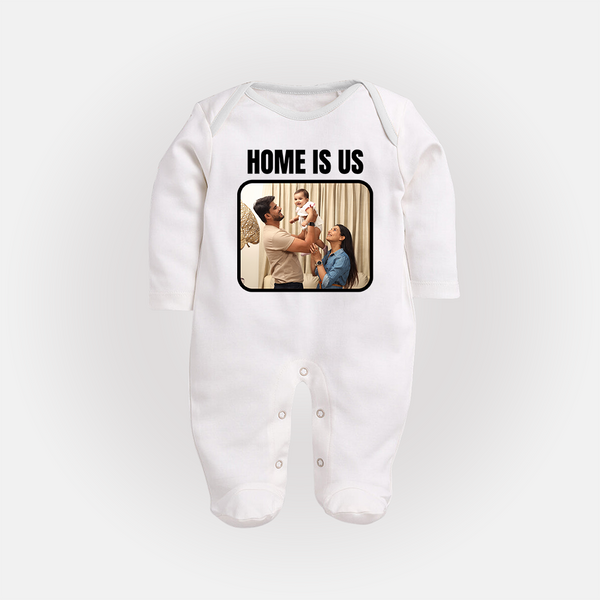 Home is Us Sleep suit/full sleeve body suit | Custom Family Sleep suit/full sleeve body suit for Family Pride - WHITE - New Born (Chest 7.5")