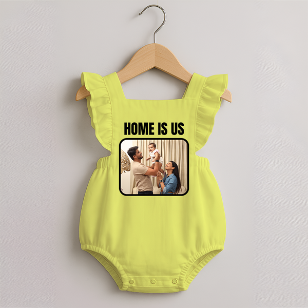 Home is Us Romper Frock | Custom Family Romper Frock for Family Pride - PASTEL YELLOW - 0 - 3 Months Old (Chest 19")