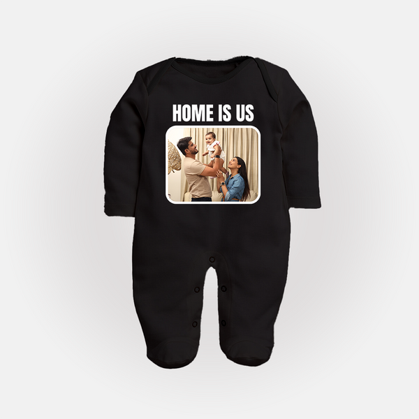 Home is Us Sleep suit/full sleeve body suit | Custom Family Sleep suit/full sleeve body suit for Family Pride - BLACK - New Born (Chest 7.5")