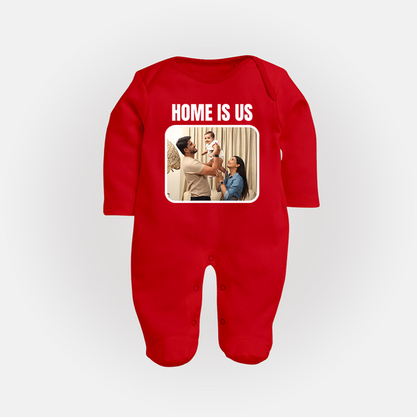 Home is Us Sleep suit/full sleeve body suit | Custom Family Sleep suit/full sleeve body suit for Family Pride - RED - New Born (Chest 7.5")