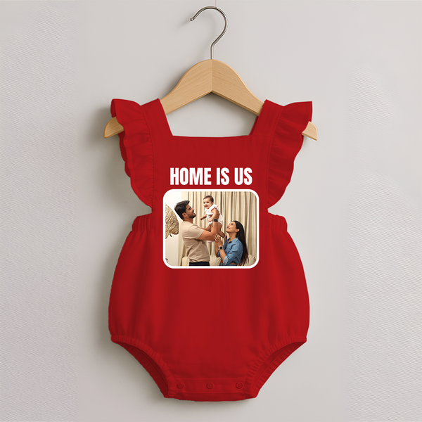 Home is Us Romper Frock | Custom Family Romper Frock for Family Pride - RED - 0 - 3 Months Old (Chest 19")