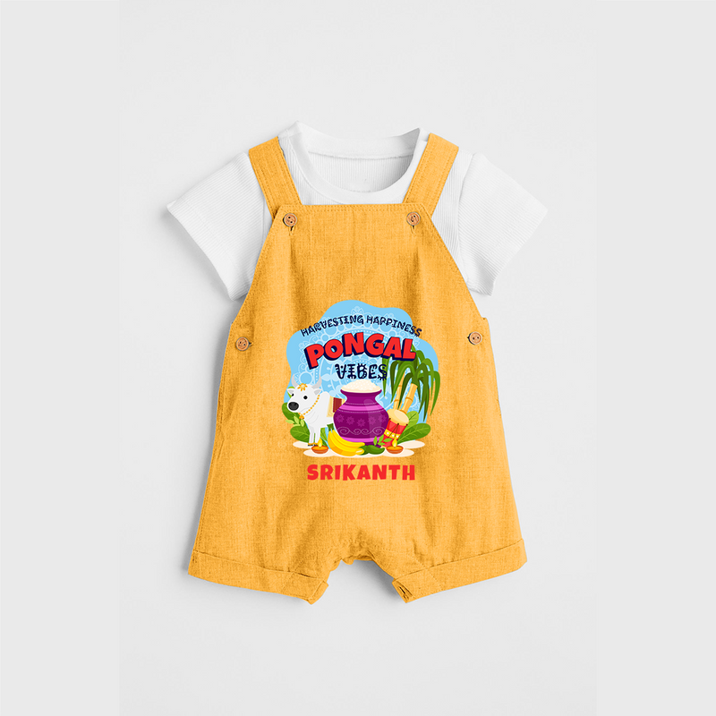 Harvesting Happiness Pongal Vibes - Customized Dungaree Set For Kids - PASTEL YELLOW - 0 - 5 Months Old (Chest 18")